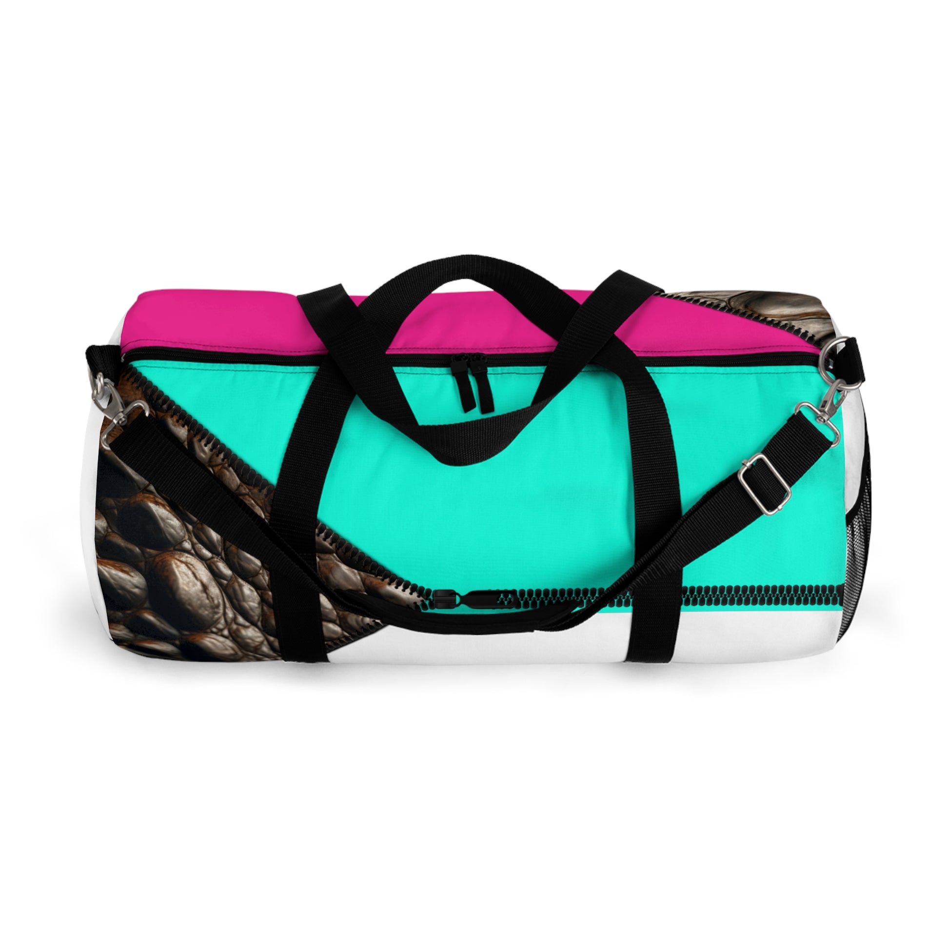 LUXE-Duffel: Top view of white bag with crocodile texture print over Auras Rose and Auras Turquoise.