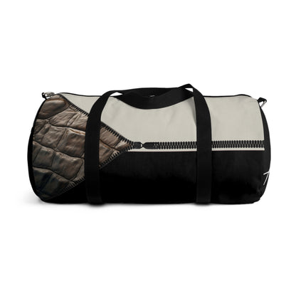 LUXE-Duffel: Back view of black bag with crocodile texture print over beige and beige.