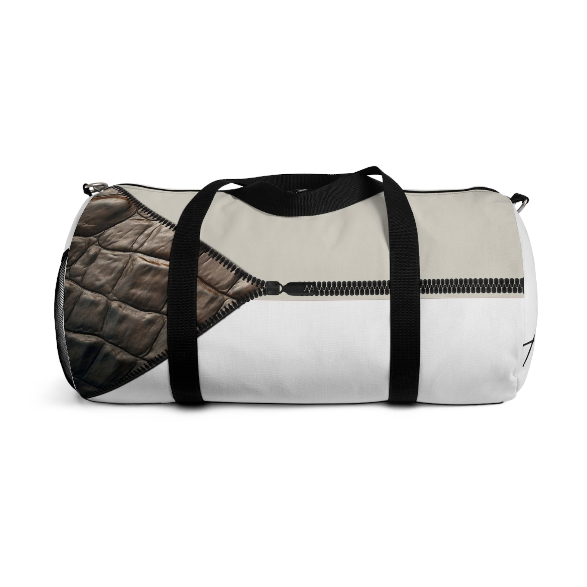 LUXE-Duffel: Back view of white bag with crocodile texture print over beige and beige.