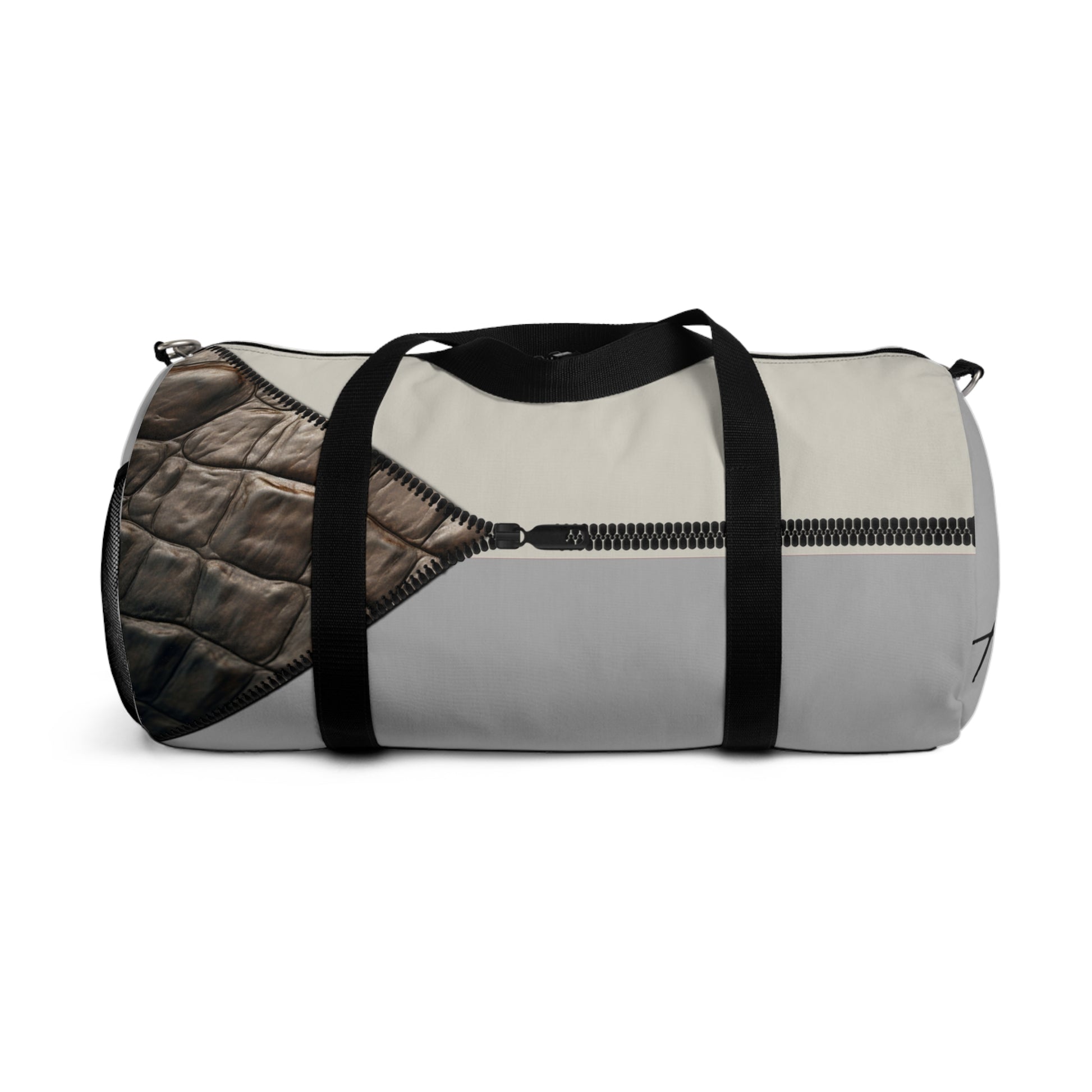 LUXE- Duffel: Back view of light grey bag with crocodile texture print over beige and black.