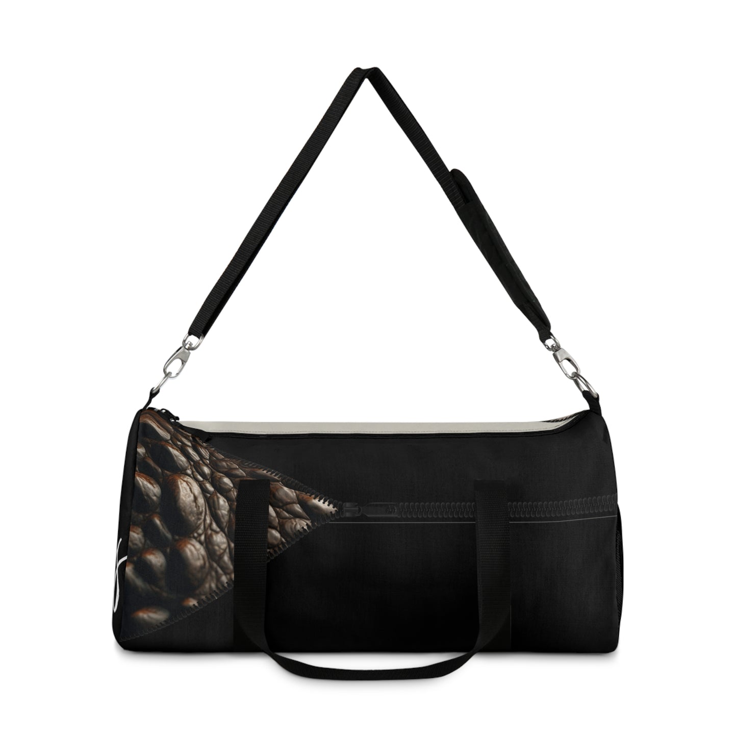 LUXE-Duffel: Front view of black bag with crocodile texture print over beige and black.