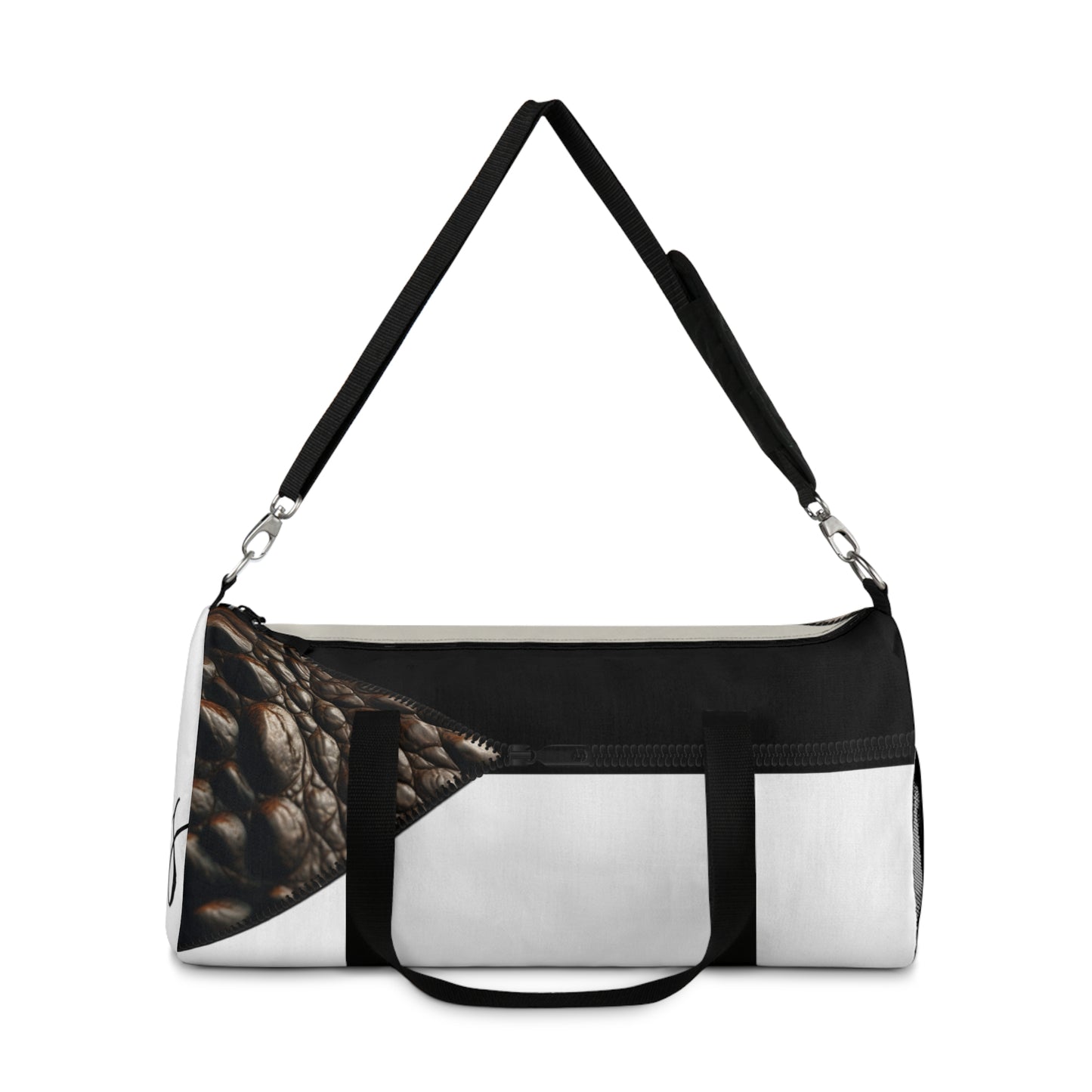 LUXE-Duffel: Front view of white bag with crocodile texture print over beige and black.