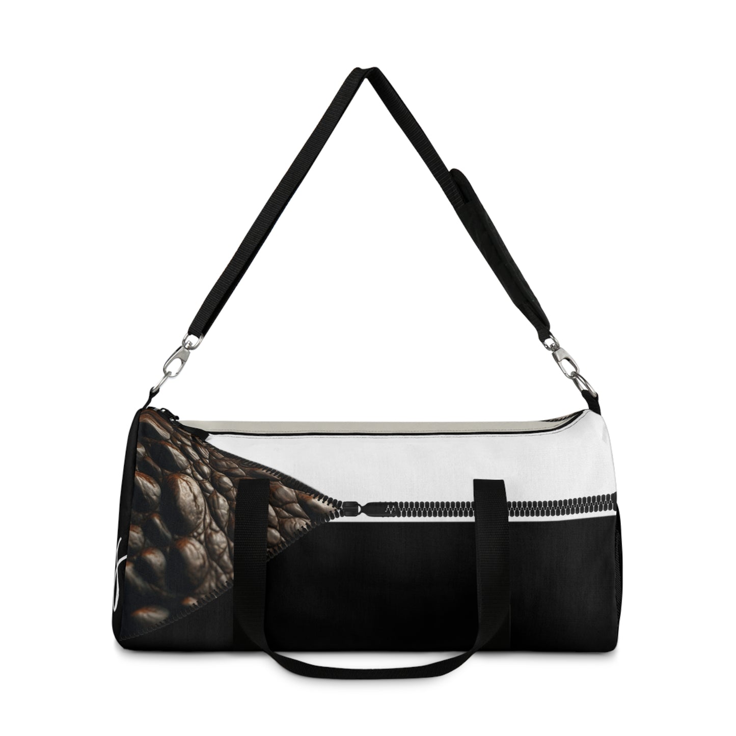 LUXE-Duffel: Front view of black bag with crocodile texture print over beige and white.