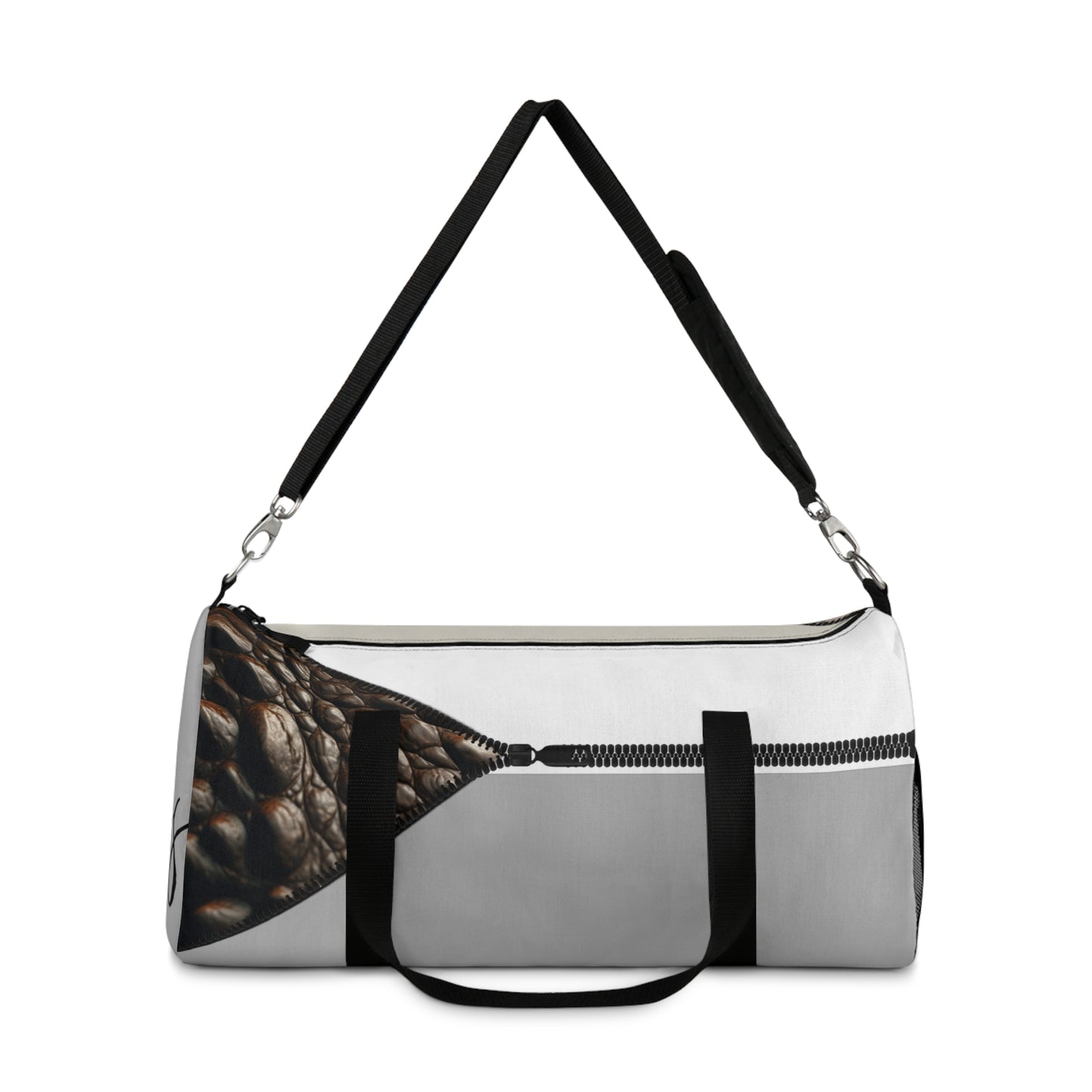 LUXE- Duffel: Front view of light grey bag with crocodile texture print over beige and white.