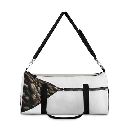 LUXE-Duffel: Front view of white bag with crocodile texture print over beige and white.