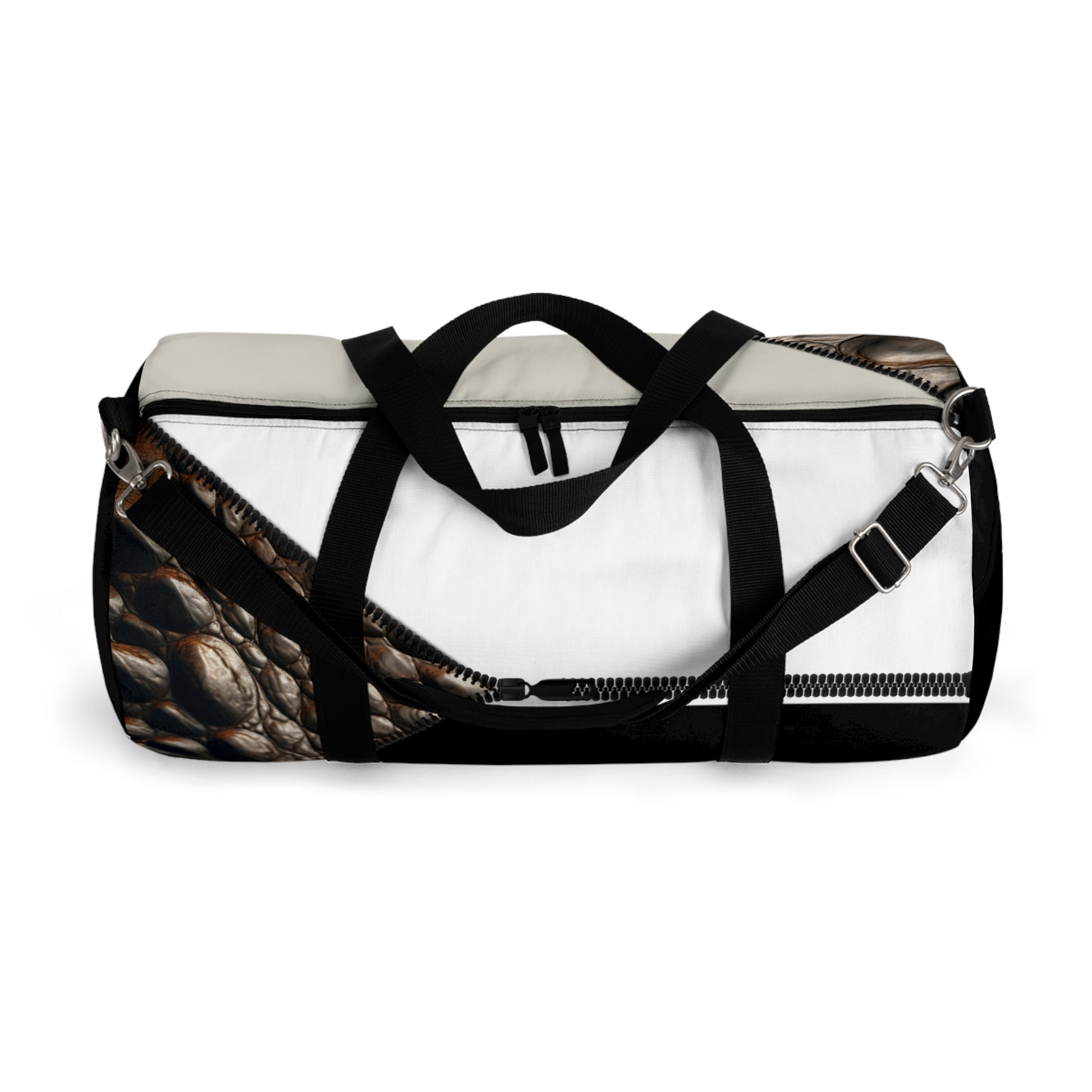 LUXE-Duffel: Top view of black bag with crocodile texture print over beige and white.