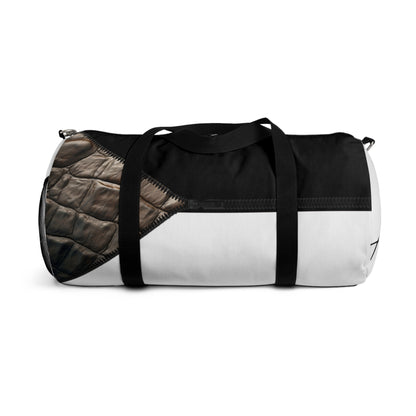 LUXE- Duffel: Back view of white bag with crocodile texture print over black and white.