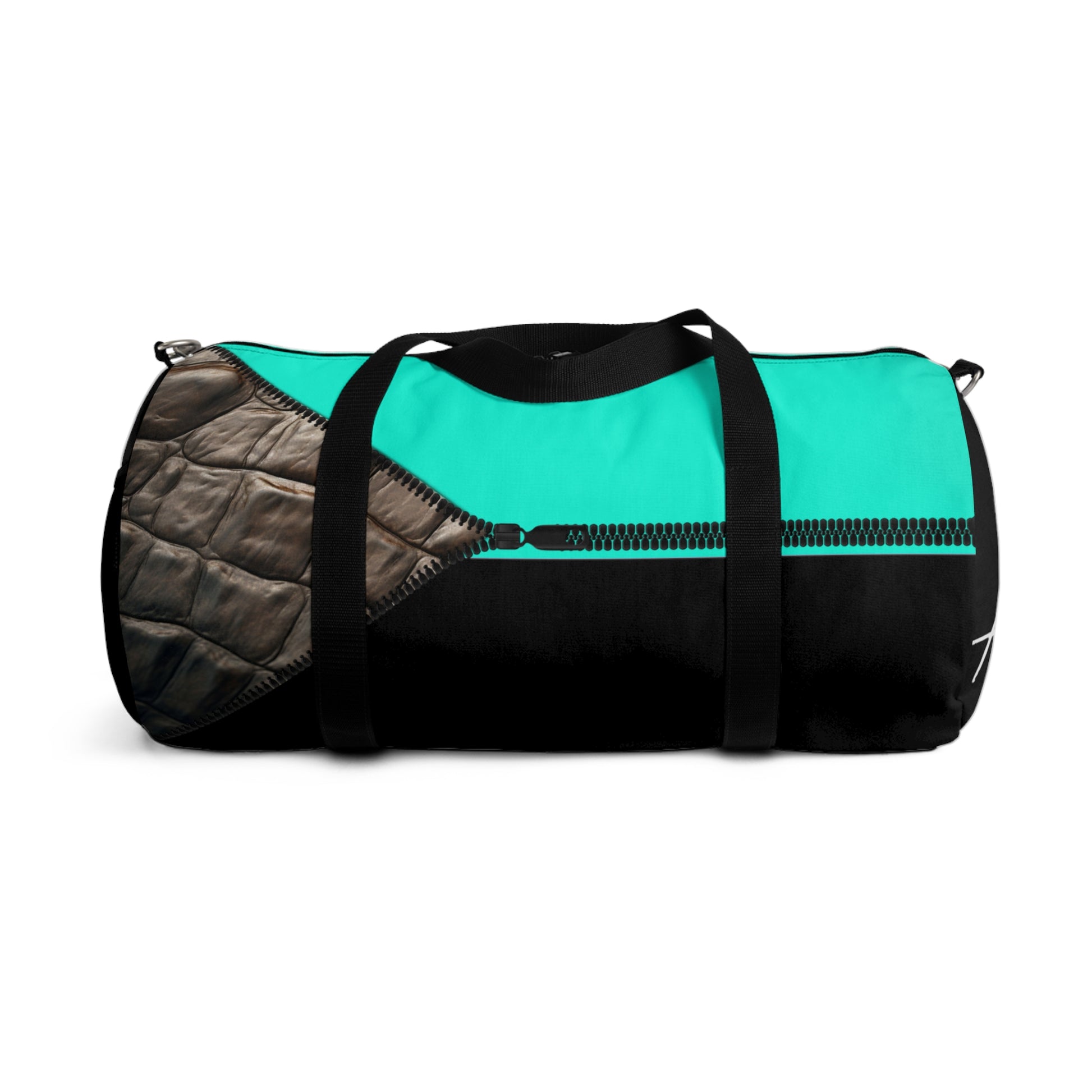 LUXE-Duffel: Back view of black bag with crocodile texture print over Auras Turquoise and Auras Turquoise.