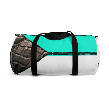 LUXE-Duffel: Back view of white bag with crocodile texture print over Auras Turquoise and Auras Turquoise.