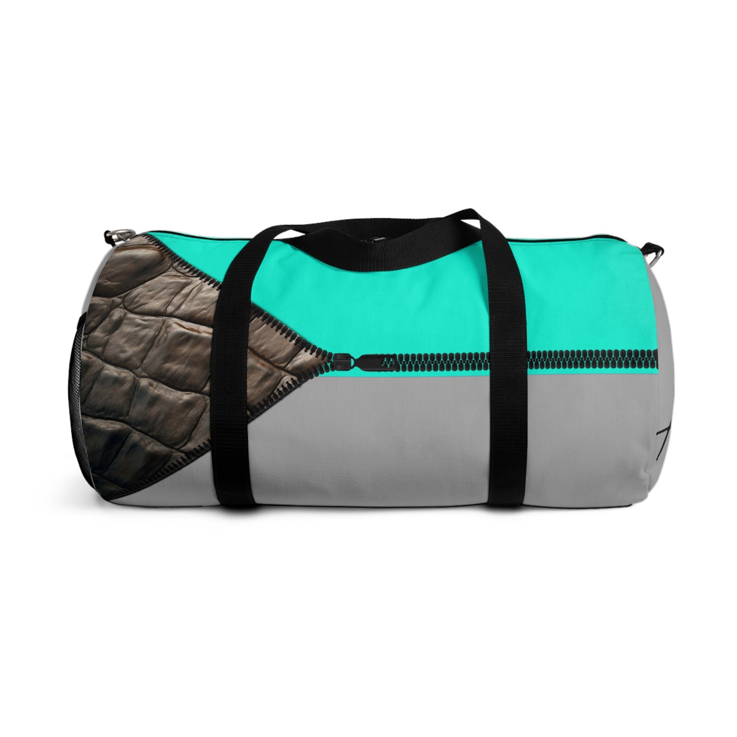 LUXE- Duffel: Back view of light grey bag with crocodile texture print over Auras Turquoise and Auras Turquoise.