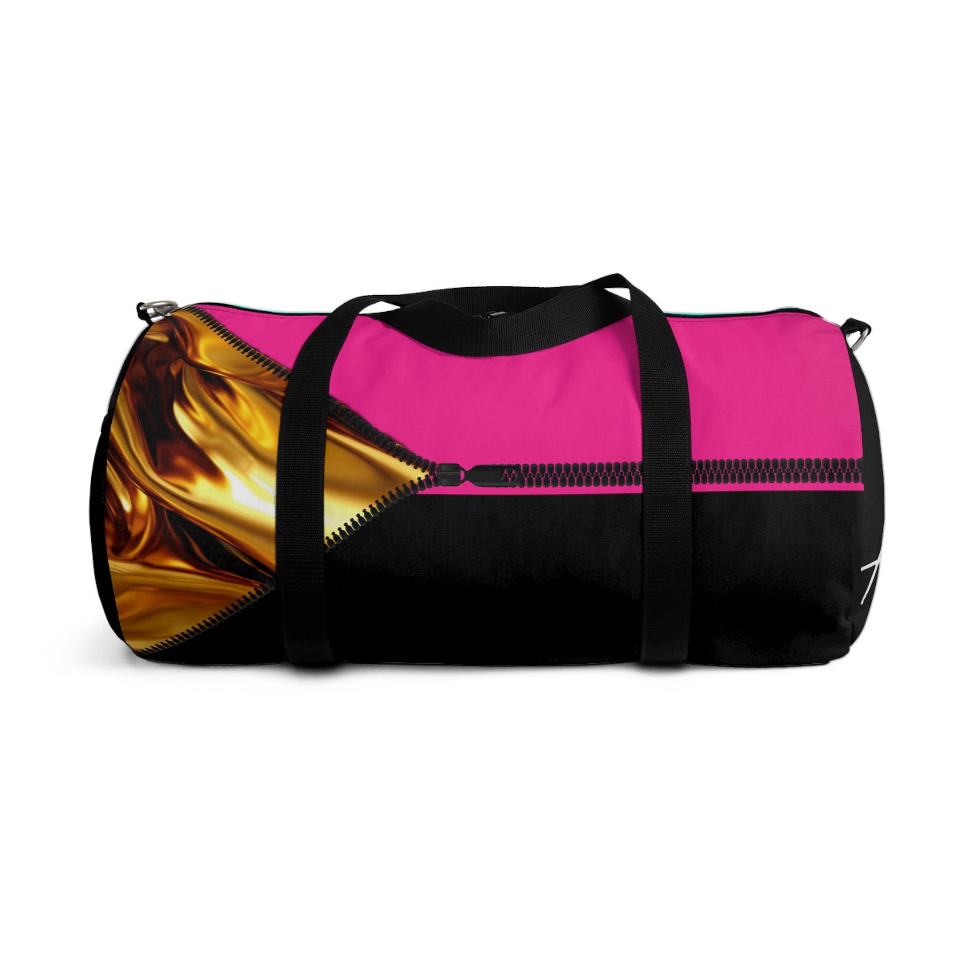 LUXE-Duffel: Back view of black bag with gold texture print over Auras Rose and Auras Rose.