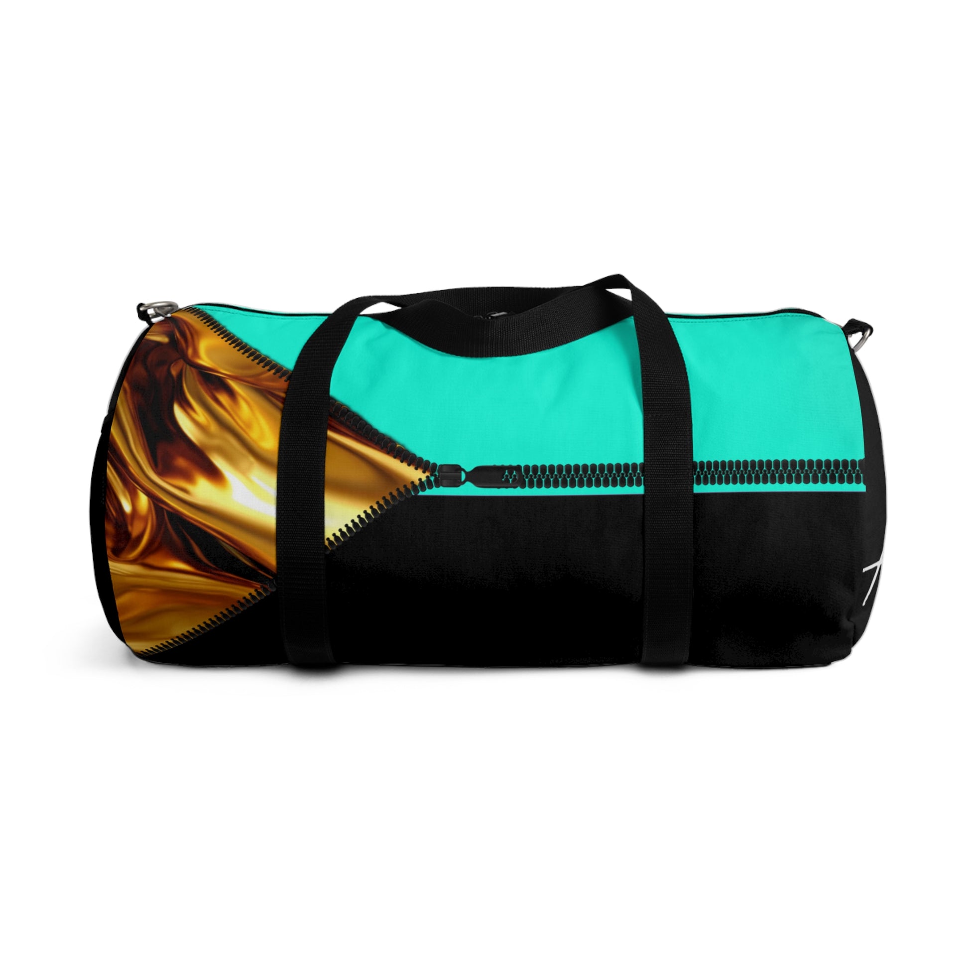 LUXE-Duffel: Back view of black bag with gold texture print over Auras Turquoise and Auras Turquoise.