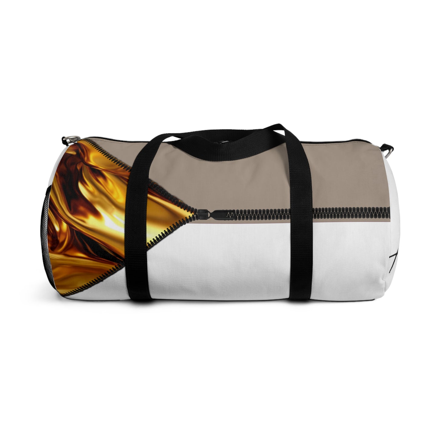 LUXE-Duffel: Back view of white bag with gold texture print over khaki and black.