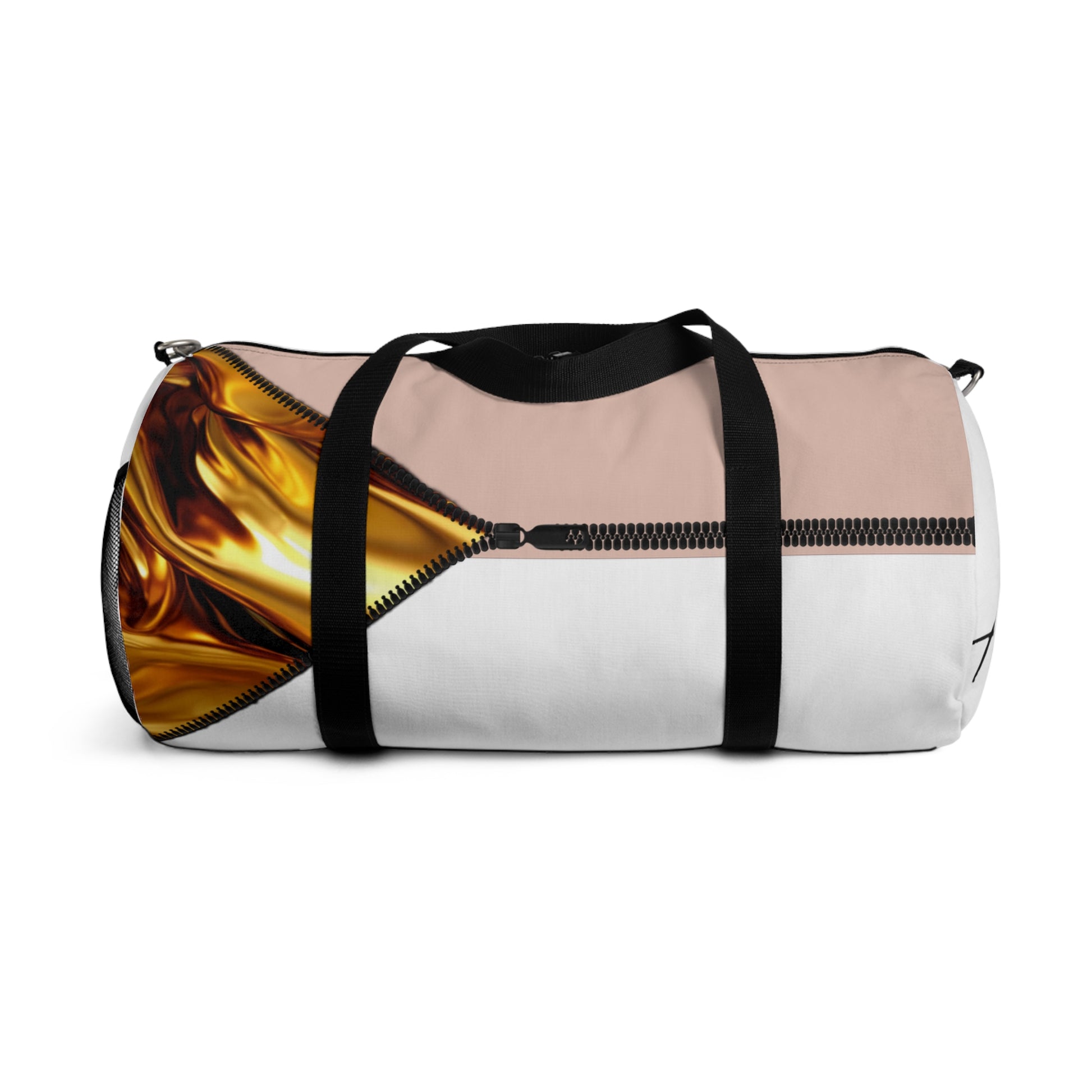 LUXE-Duffel: Back view of white bag with gold texture print over coral and black.