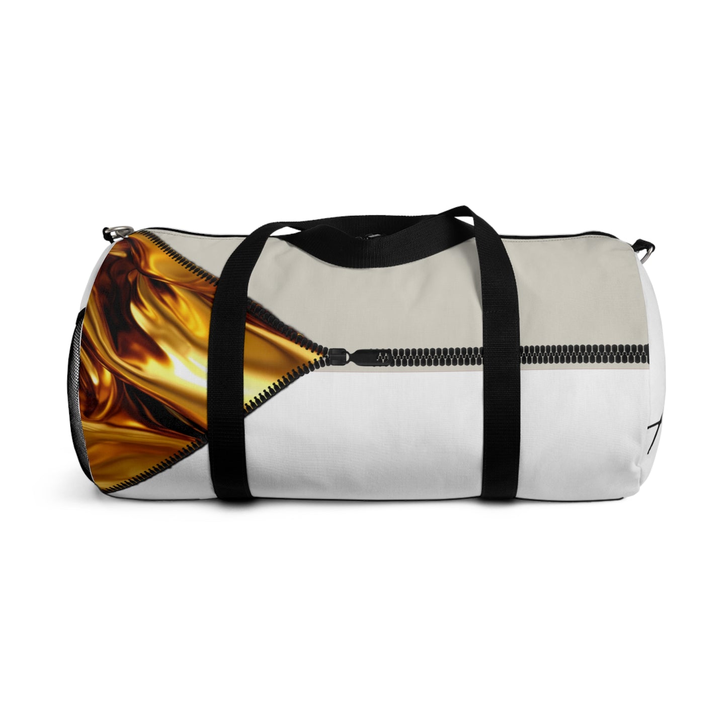 LUXE-Duffel: Back view of white bag with gold texture print over beige and black.