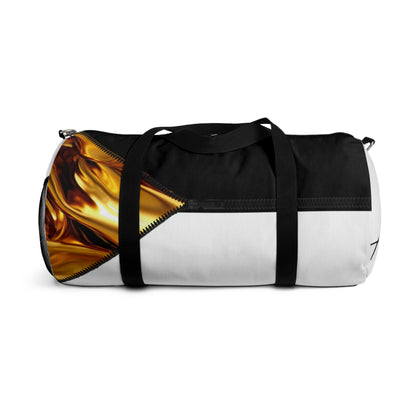 LUXE-Duffel: Back view of white bag with gold texture print over black and black.