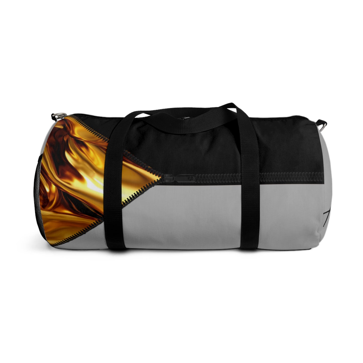 LUXE-Duffel: Side view light grey bag with gold texture print over black and black.