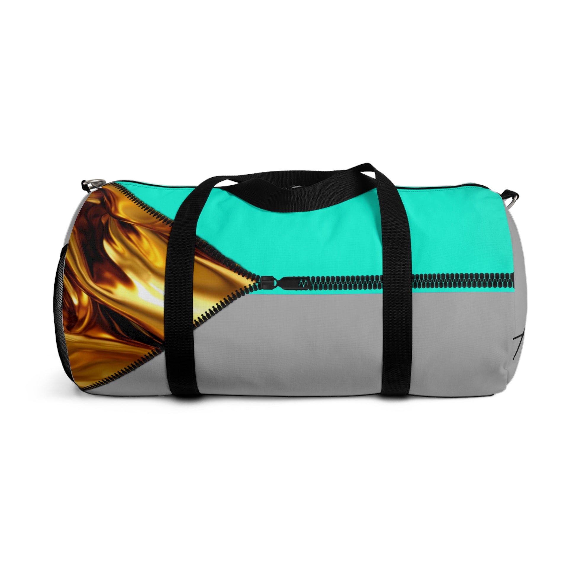 LUXE-Duffel: Back view of light grey bag with gold texture print over Auras Turquoise and Auras Turquoise.