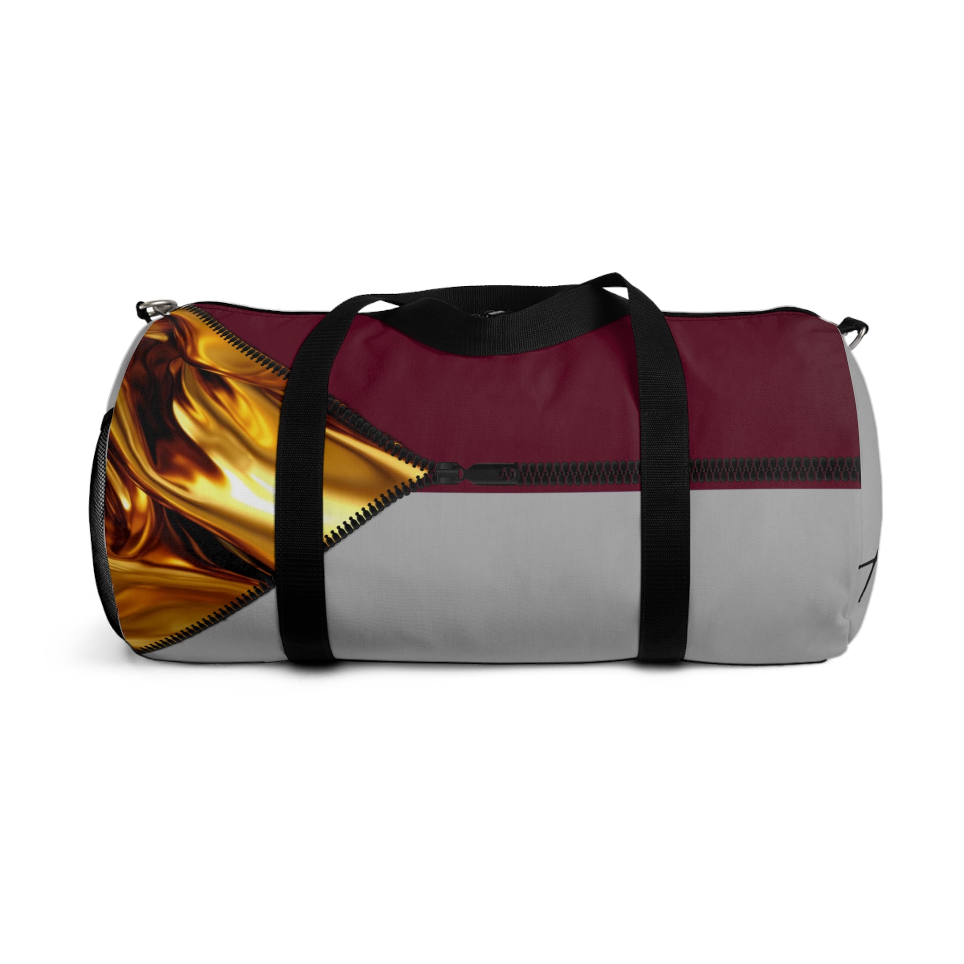 LUXE-Duffel: Back view of light grey bag with gold texture print over merlot and black.