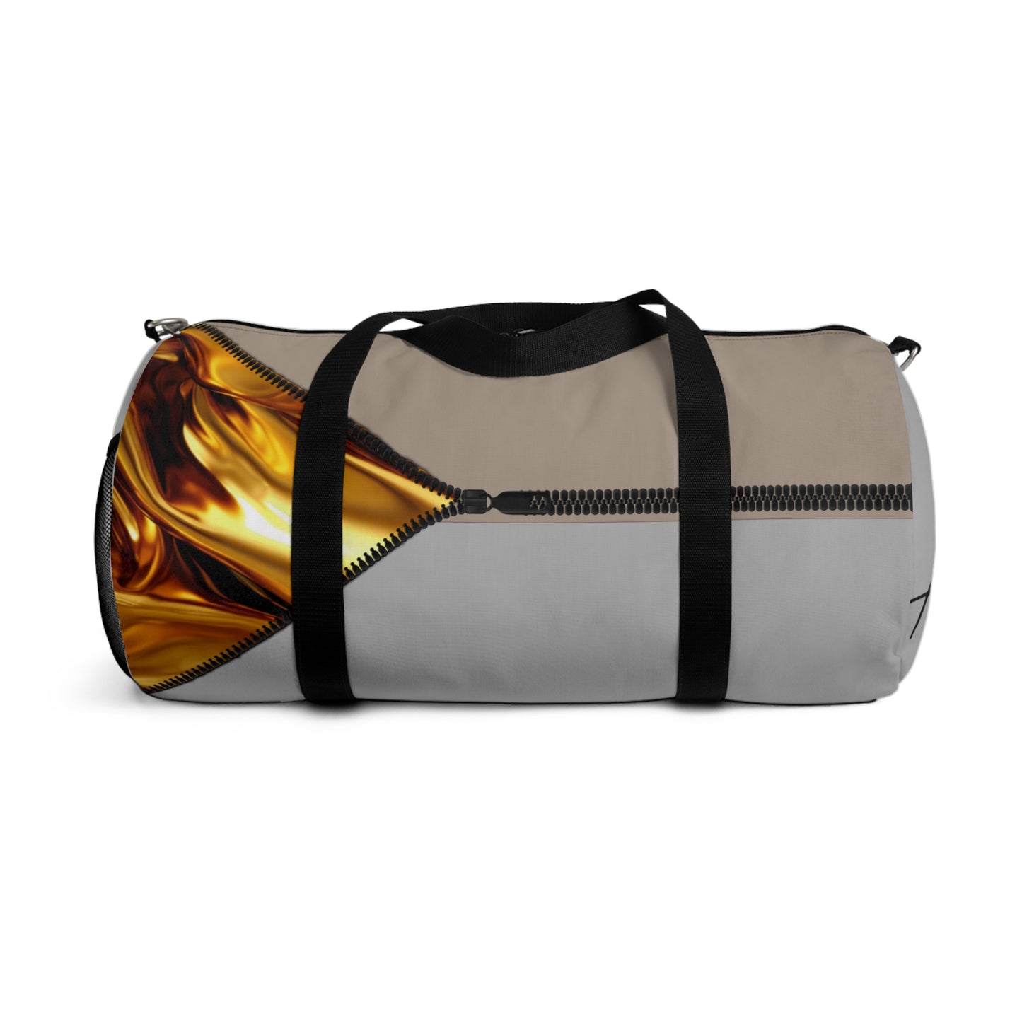 LUXE-Duffel: Back view of light grey bag with gold texture print over khaki and black.