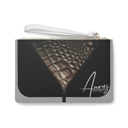 LUXE- Clutch: Front view of light grey clutch with crocodile texture print over black.