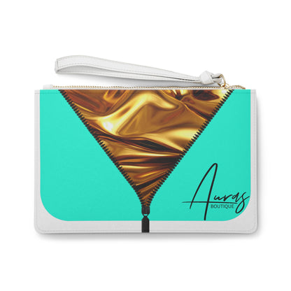 Luxe-Clutch: Front view of white clutch with gold texture print over Auras Turquoise.