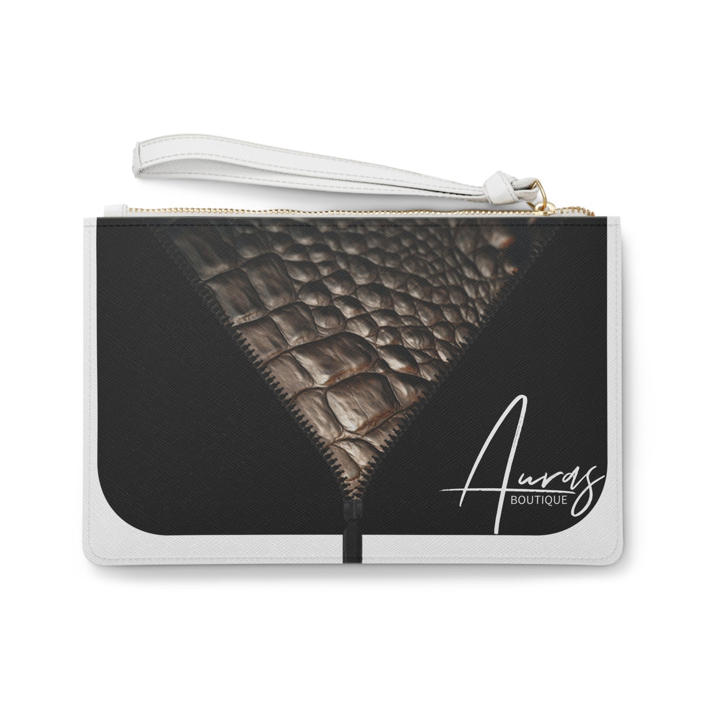 LUXE- Clutch: Front view of white clutch with crocodile texture print over black.