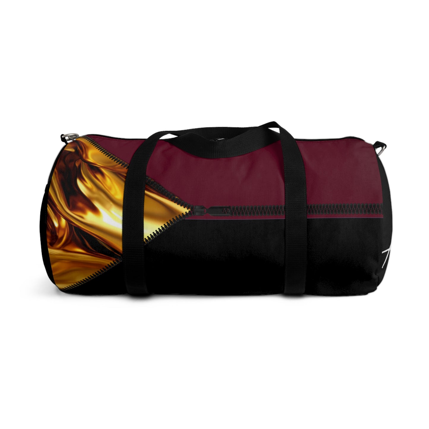 LUXE-Duffel: Back view of black bag with gold texture print over merlot and black.