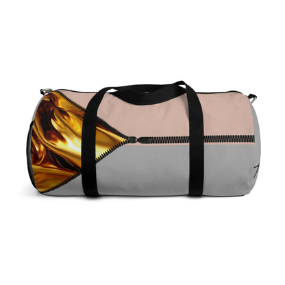 LUXE-Duffel: Back view of light grey bag with gold texture print over black and coral.