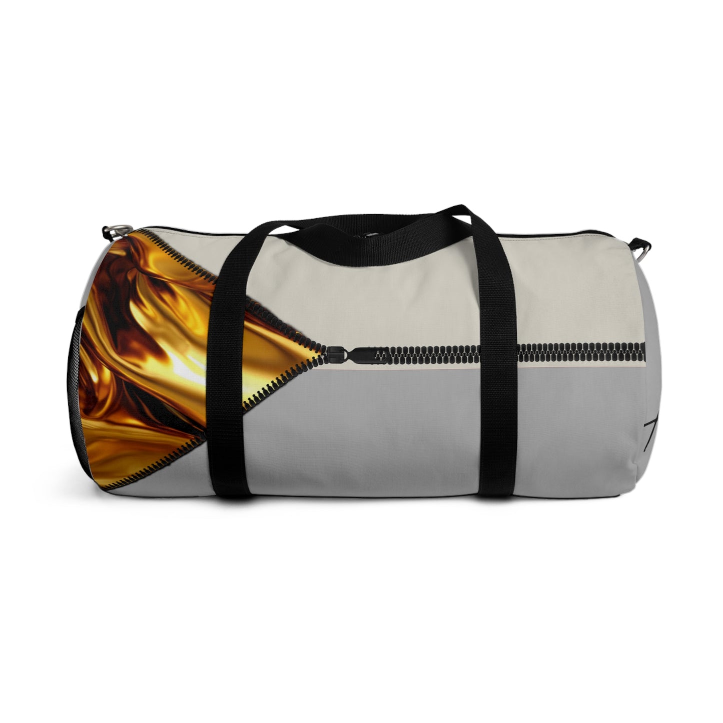 LUXE-Duffel: Back view light grey bag with gold texture print over beige and black.