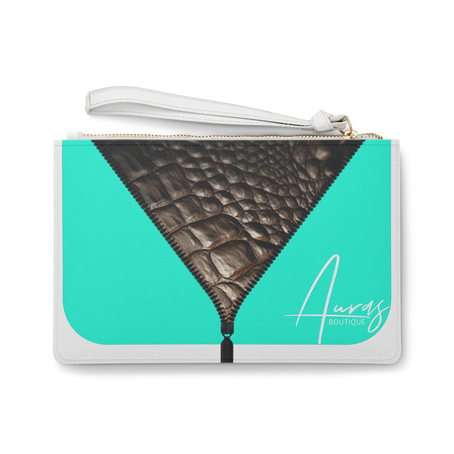 LUXE- Clutch: Front view of white clutch with crocodile texture print over Auras Turquoise..