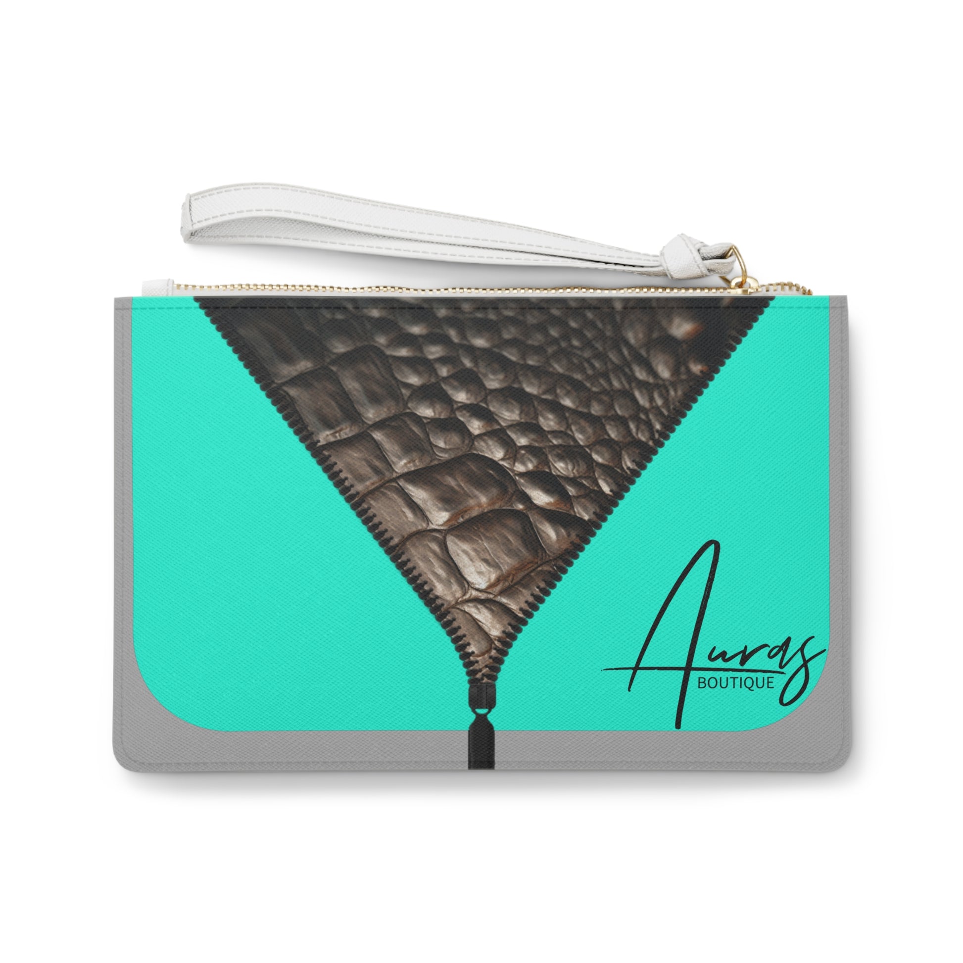 LUXE- Clutch: Front view of light grey clutch with crocodile texture print over Auras Turquoise. 