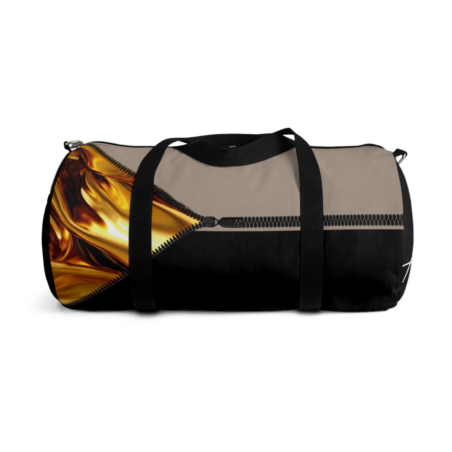 LUXE-Duffel: Back view of black bag with gold texture print over khaki and black.