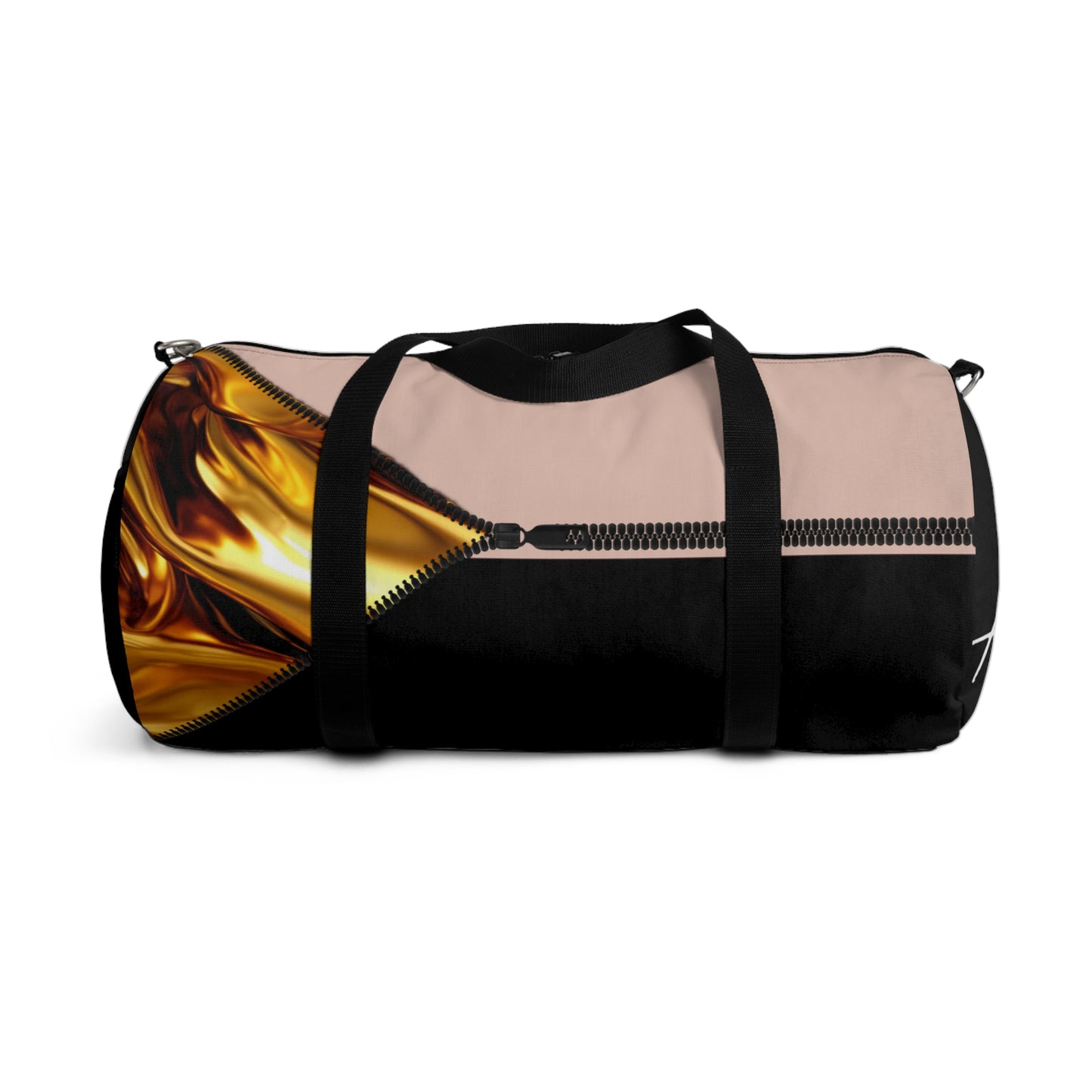 LUXE-Duffel: Back view of black bag with gold texture print over coral and black.