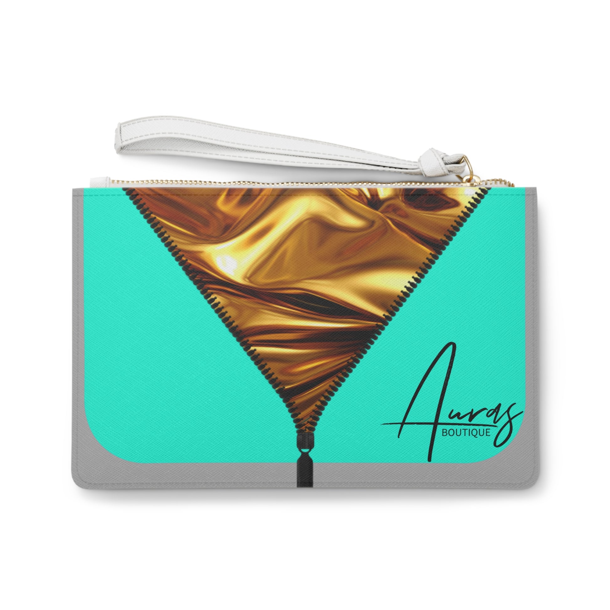 Luxe-Clutch: Front view of light grey clutch with gold texture print over Auras Turquoise.