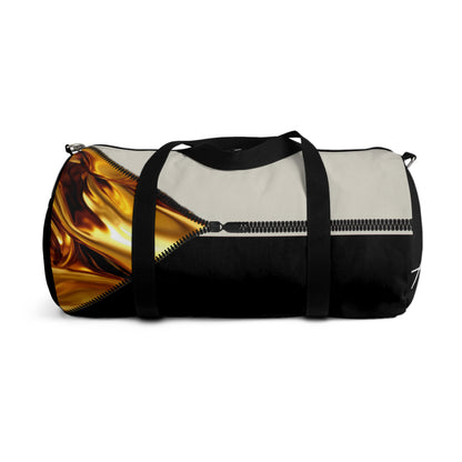 LUXE-Duffel: Back view of black bag with gold texture print over beige and black.