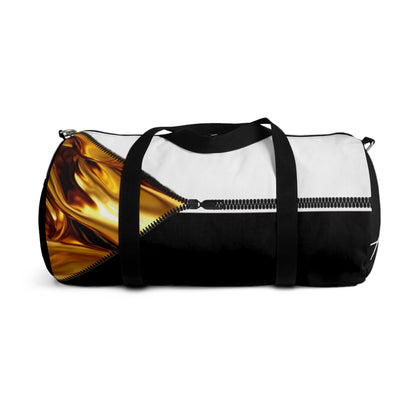 LUXE-Duffel: Back view of black bag with gold texture print over white and white.