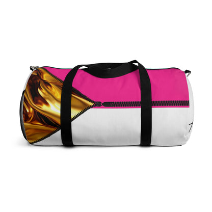 LUXE-Duffel: Top view of white bag with gold texture print over Auras Rose and Auras Rose.