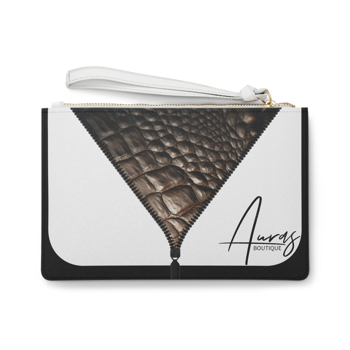 LUXE- Clutch: Front view of black clutch with crocodile texture print over white. 