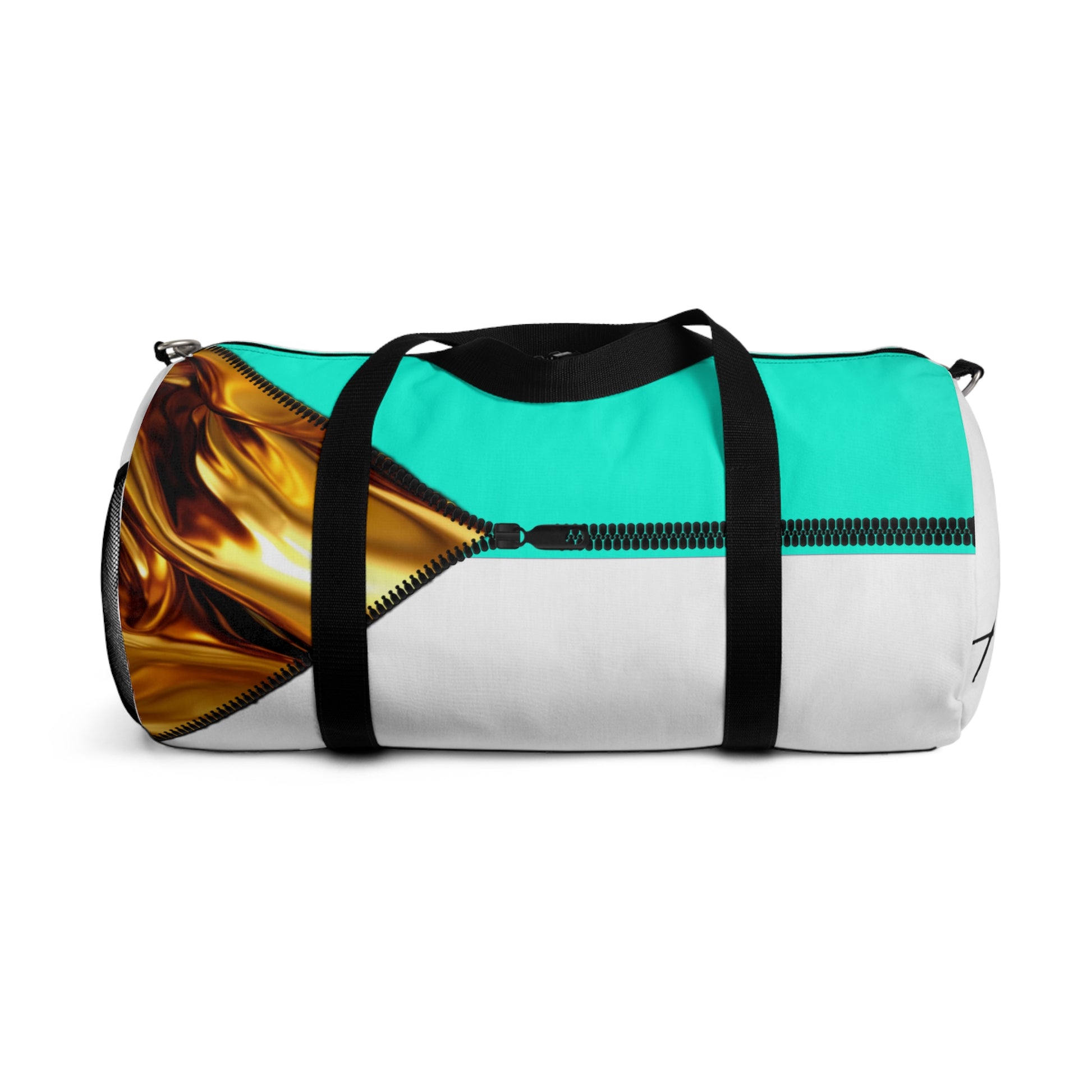 LUXE-Duffel: Top view of white bag with gold texture print over Auras Turquoise and Auras Turquoise.