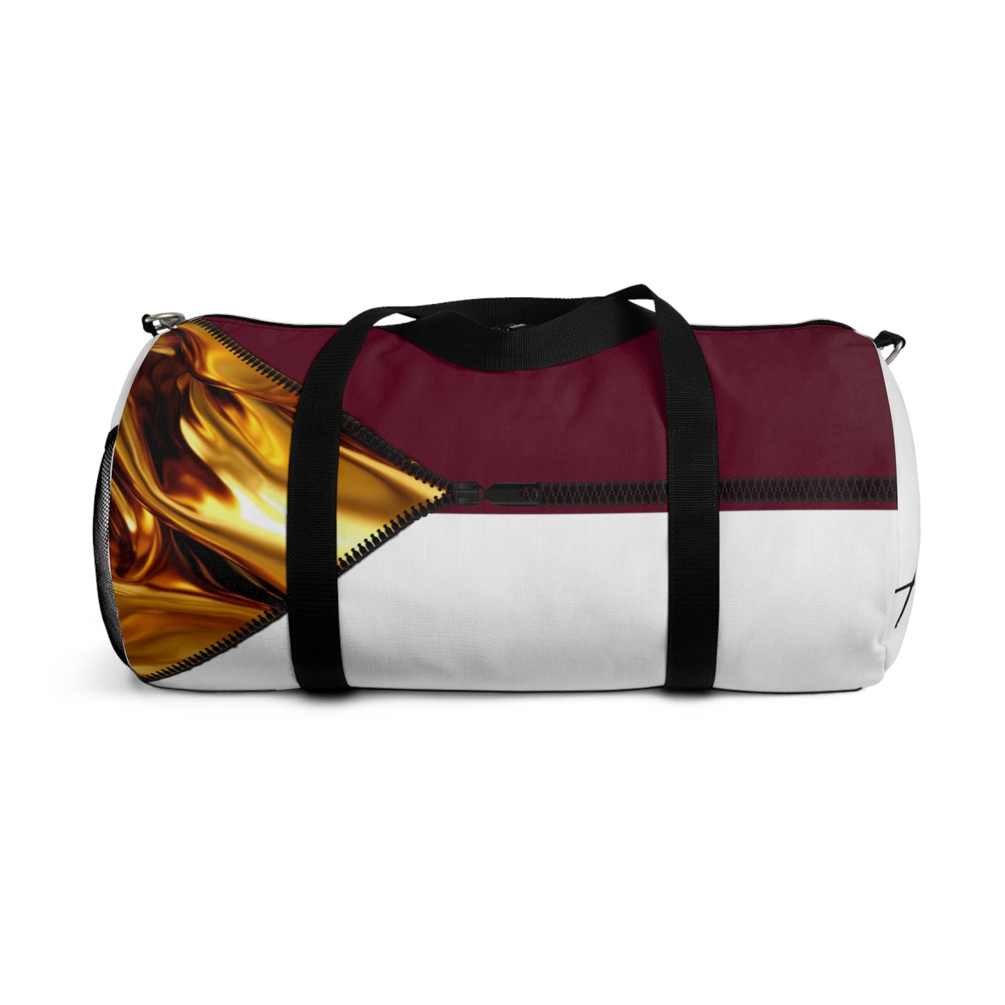 LUXE-Duffel: Back view of white bag with gold texture print over merlot and black.