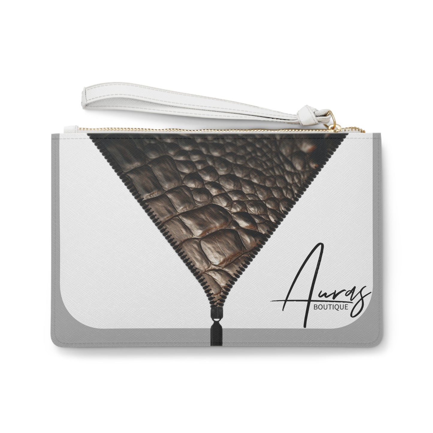 LUXE- Clutch: Front view of light grey clutch with crocodile texture print over white.