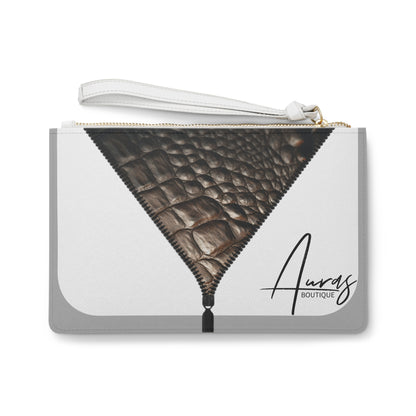 LUXE- Clutch: Front view of light grey clutch with crocodile texture print over white.