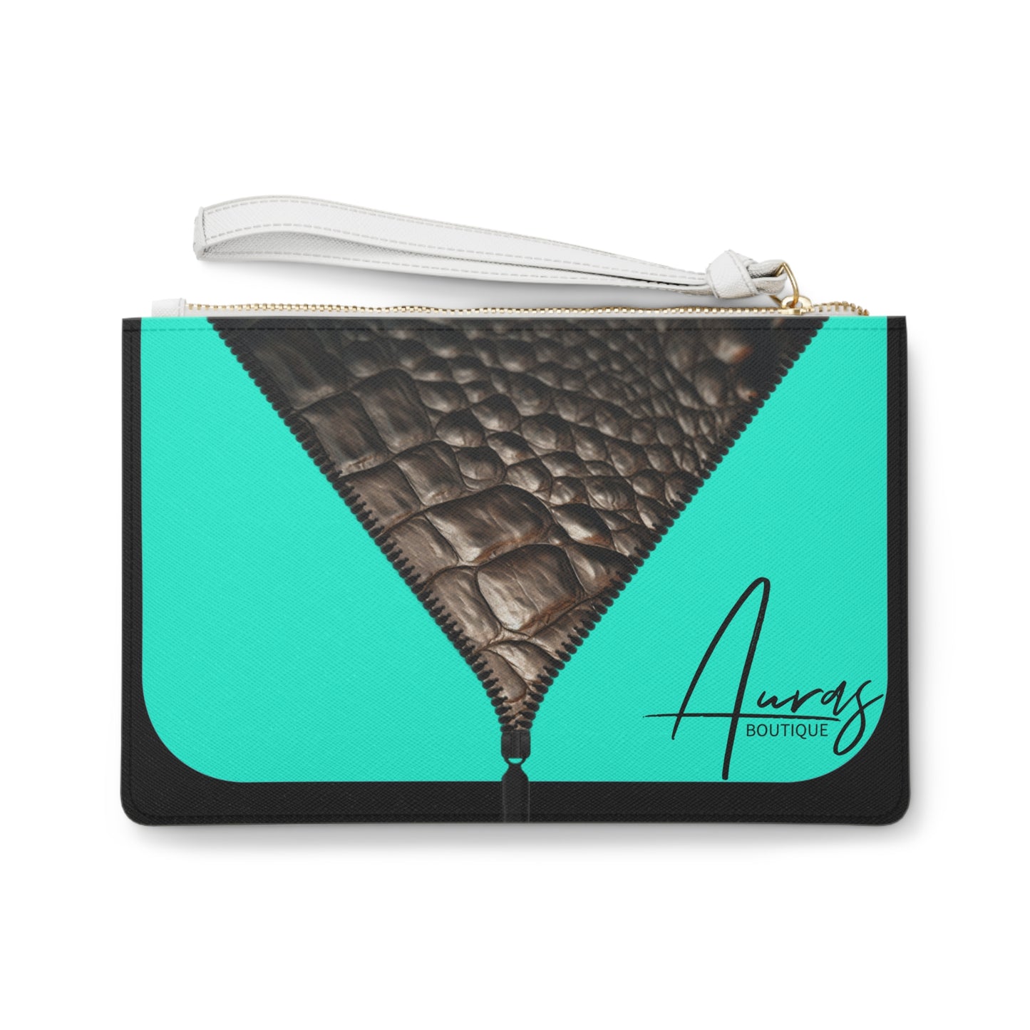 LUXE- Clutch: Front view of black clutch with crocodile texture print over Auras Turquoise.