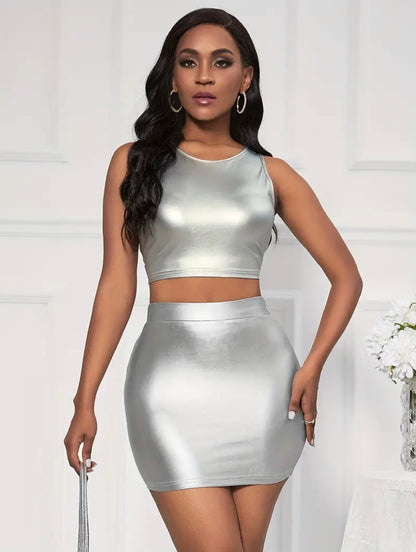 Shine Bright-Mini Skirt: Front view of shiny silver skirt on model.