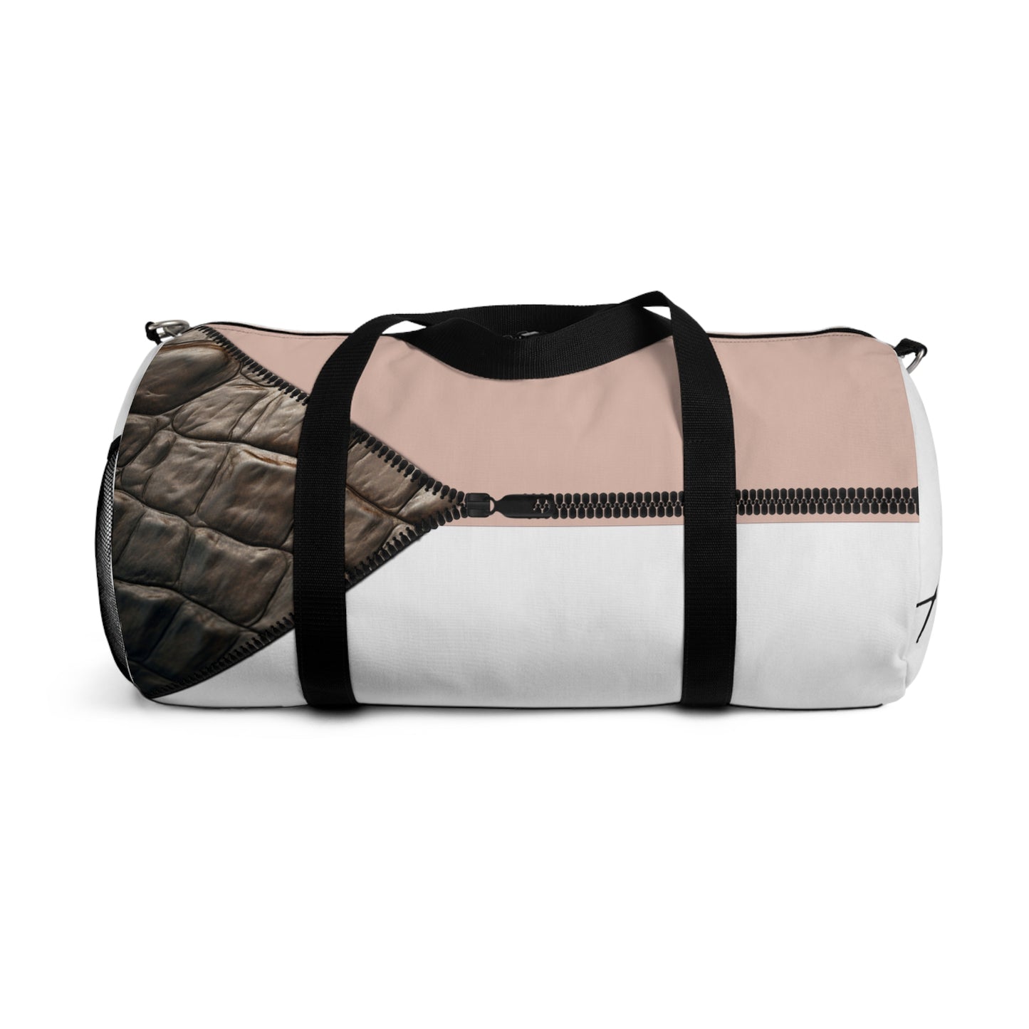 LUXE-Duffel: Back view of white bag with crocodile texture print over coral and coral.