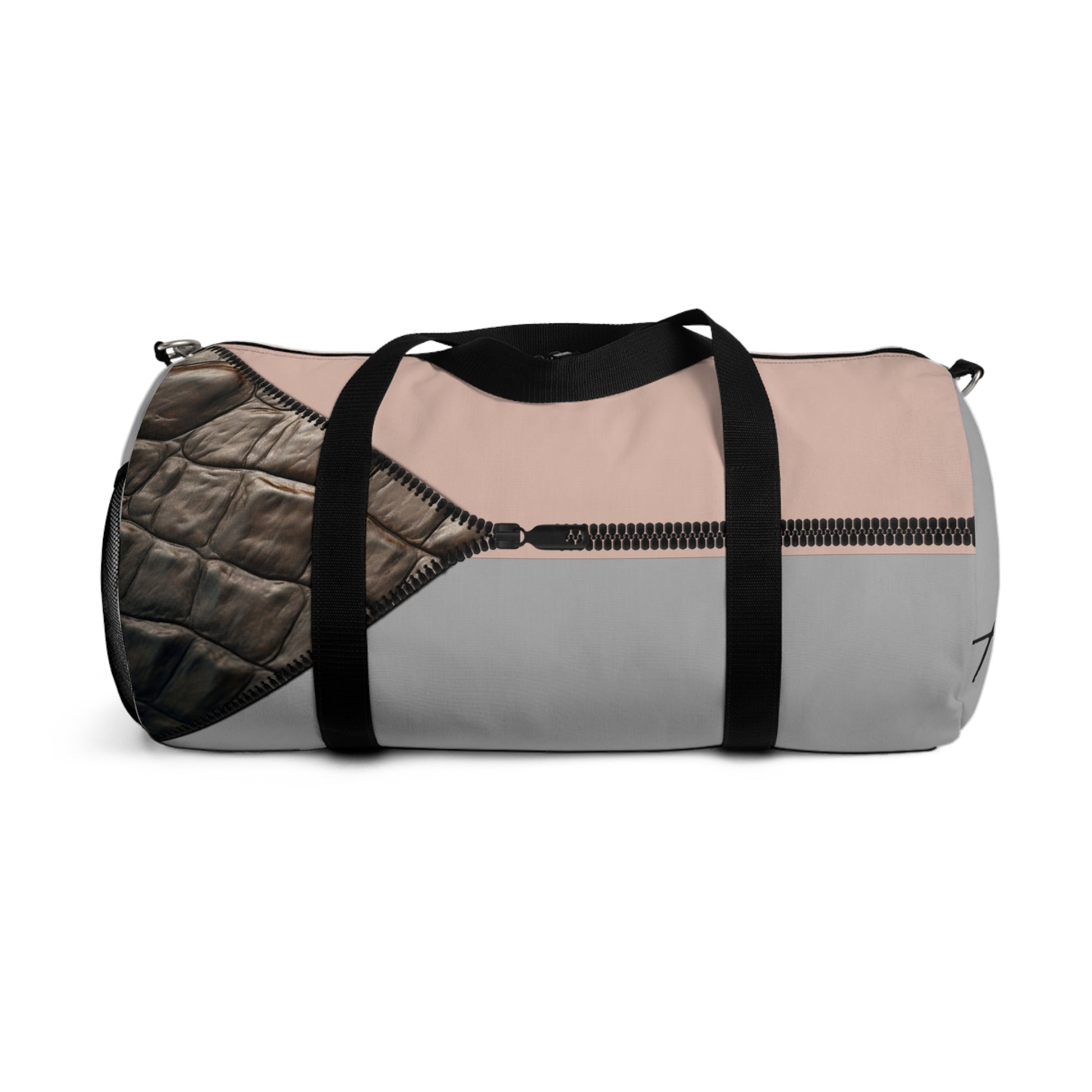 LUXE- Duffel: Back view of light grey bag with crocodile texture print over coral and black.