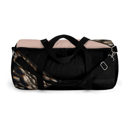 LUXE-Duffel: Top view of black bag with crocodile texture print over coral and black.