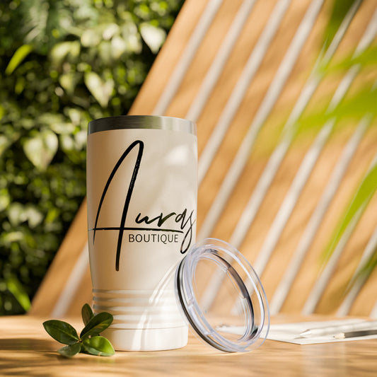 Auras branded tumbler white mockup image