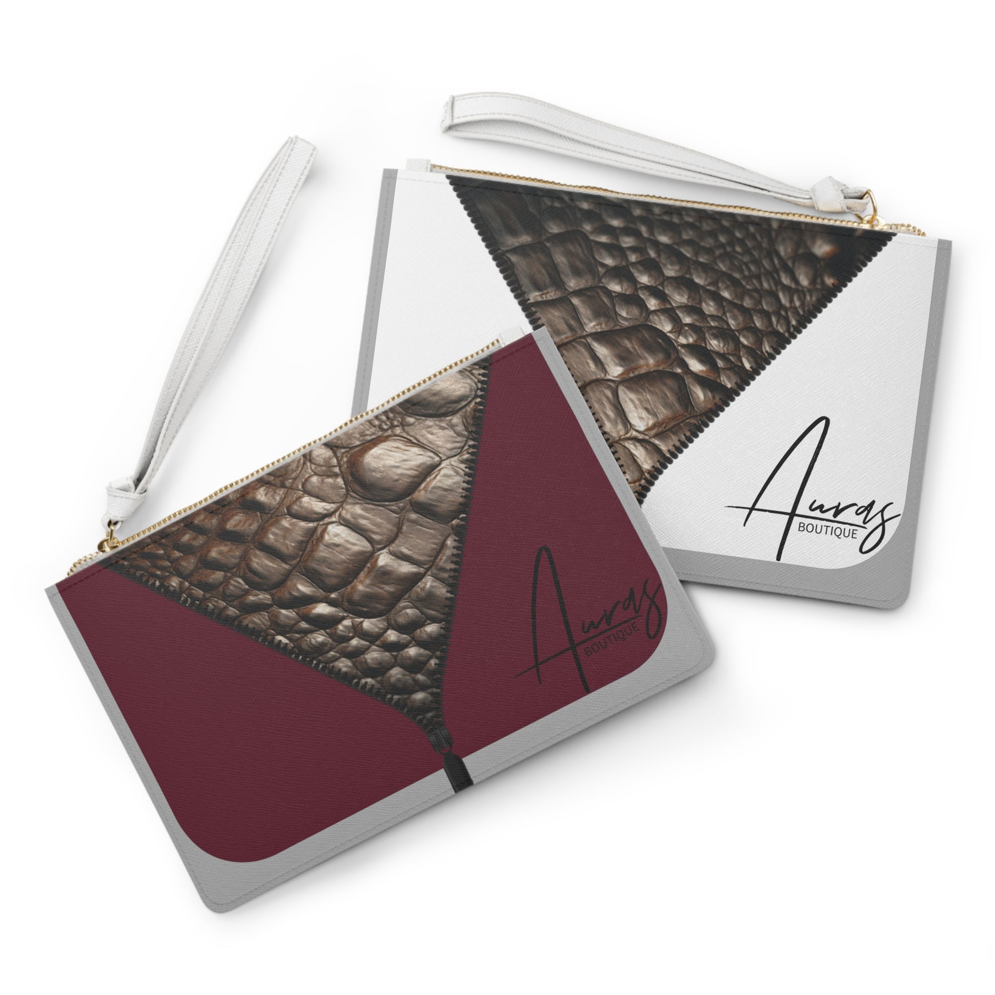 LUXE- Clutch: Front view of light grey clutch with crocodile texture print over merlot. Back view of light grey clutch with crocodile texture print over white.